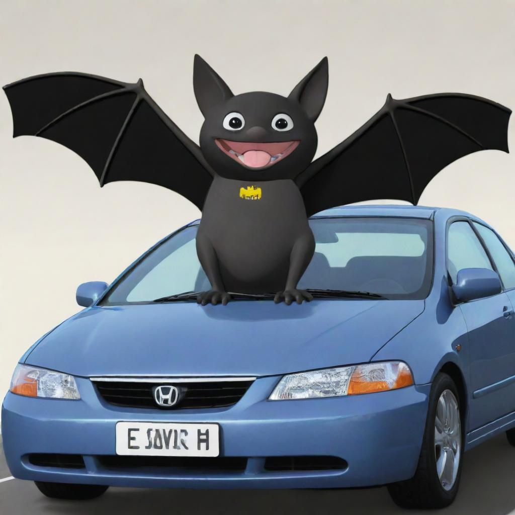 A cartoon version of a bat sitting in a used Honda Civic, with the distinctive license plate proclaiming 'BODEGA'.