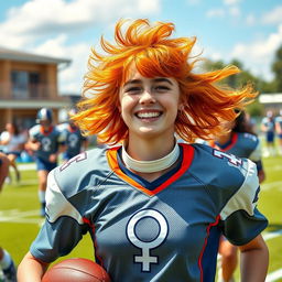 A vibrant and youthful depiction of a young woman football player, with fluffy orange hair, energetically engaging in a school football game