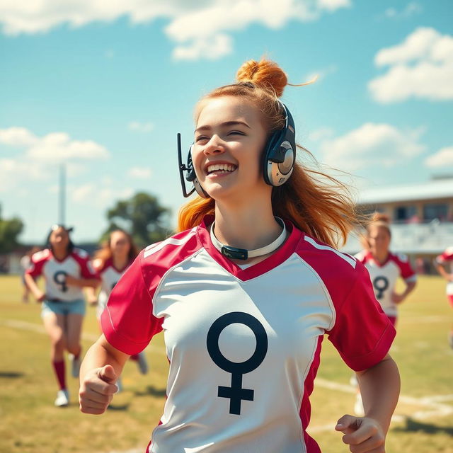 A vibrant and youthful depiction of a young woman football player, with fluffy orange hair, energetically engaging in a school football game