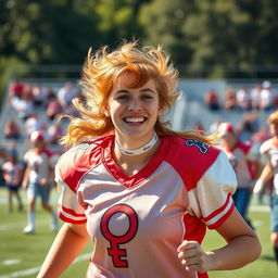 A vibrant and youthful depiction of a young woman football player, with fluffy orange hair, energetically engaging in a school football game