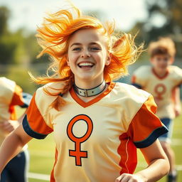 An energetic and lively depiction of a young woman football player with fluffy orange hair, actively engaging in a school football match