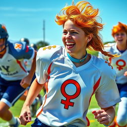 An energetic and lively depiction of a young woman football player with fluffy orange hair, actively engaging in a school football match