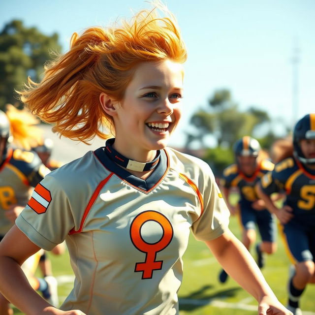 An energetic and lively depiction of a young woman football player with fluffy orange hair, actively engaging in a school football match