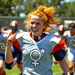 An energetic and lively depiction of a young woman football player with fluffy orange hair, actively engaging in a school football match