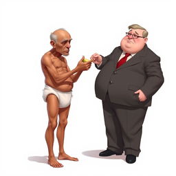 2D illustration of a very thin, impoverished man wearing a diaper, feeding a government official who is extremely overweight, akin to a chubby baby, dressed in an office suit