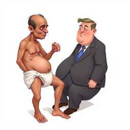 2D illustration of a very thin, impoverished man wearing a diaper, feeding a government official who is extremely overweight, akin to a chubby baby, dressed in an office suit