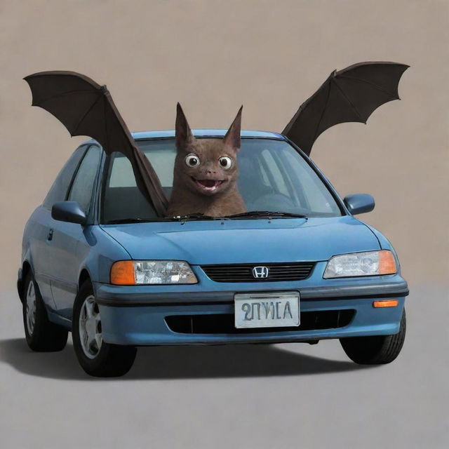 A cartoon version of a bat sitting in a used Honda Civic, with the distinctive license plate proclaiming 'BODEGA'.