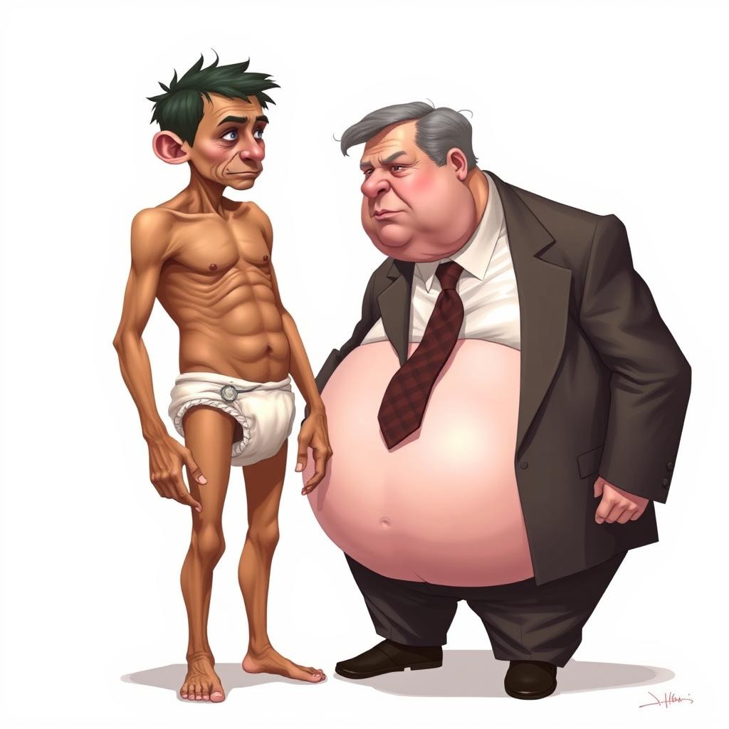 2D illustration of a very thin, impoverished man wearing a diaper, feeding a government official who is extremely overweight, akin to a chubby baby, dressed in an office suit