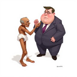 2D illustration of a very thin, impoverished man wearing a diaper, feeding a government official who is extremely overweight, akin to a chubby baby, dressed in an office suit