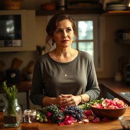 A woman standing in a cozy, warmly lit kitchen, sharing a preparation secret handed down by her grandmother