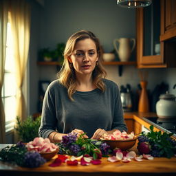 A woman standing in a cozy, warmly lit kitchen, sharing a preparation secret handed down by her grandmother