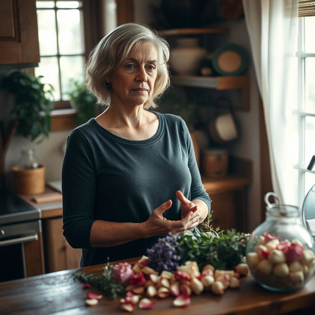 A woman standing in a cozy, warmly lit kitchen, sharing a preparation secret handed down by her grandmother