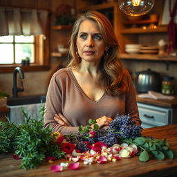 A woman standing in a cozy, warmly lit kitchen, sharing a preparation secret handed down by her grandmother