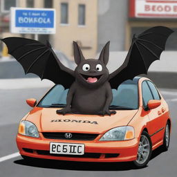 A cartoon version of a bat sitting in a used Honda Civic, with the distinctive license plate proclaiming 'BODEGA'.