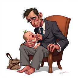 2D illustration of a very thin, impoverished man dressed in a government official suit sitting on a chair while feeding a crying baby