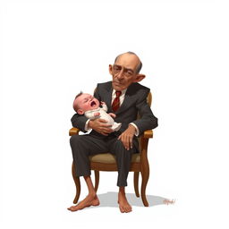 2D illustration of a very thin, impoverished man dressed in a government official suit sitting on a chair while feeding a crying baby