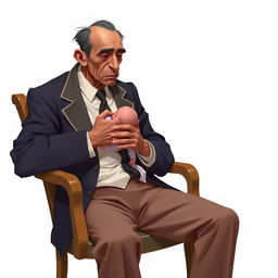 2D illustration of a very thin, impoverished man dressed in a government official suit sitting on a chair while feeding a crying baby