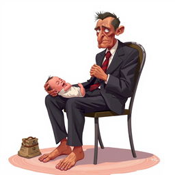 2D illustration of a very thin, impoverished man dressed in a government official suit sitting on a chair while feeding a crying baby