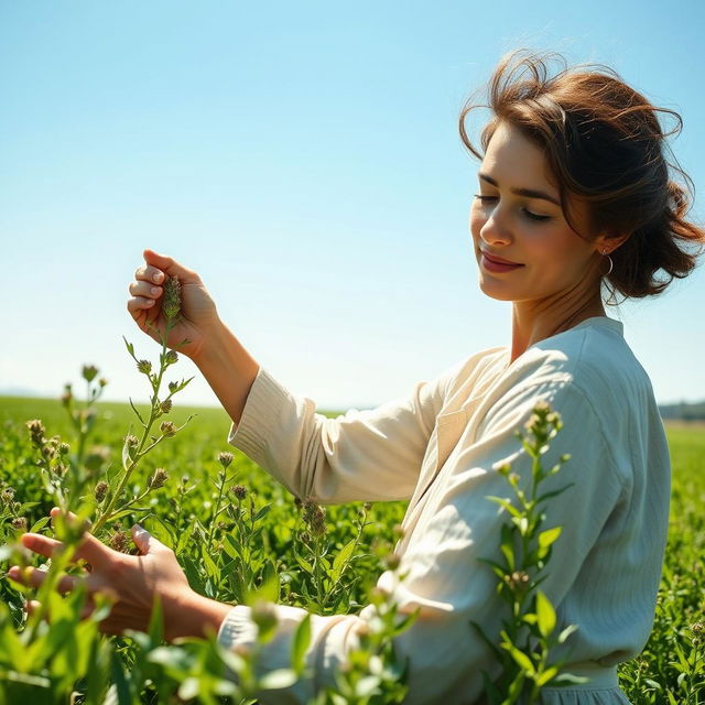 A woman gracefully harvesting rue in a sunlit field, her expression focused and serene