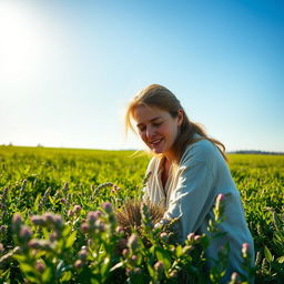 A woman gracefully harvesting rue in a sunlit field, her expression focused and serene