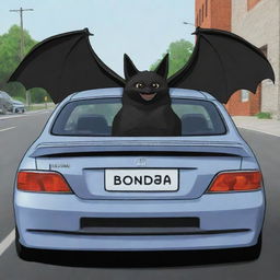 A cartoon version of a bat sitting in a used Honda Civic, with the distinctive license plate proclaiming 'BODEGA'.