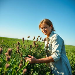 A woman gracefully harvesting rue in a sunlit field, her expression focused and serene