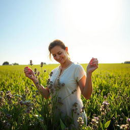 A woman gracefully harvesting rue in a sunlit field, her expression focused and serene