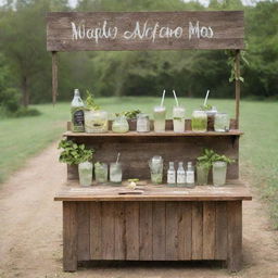 A rustic mojitos stand crafted from weathered wood, filled with locally sourced ingredients. The stand features hand-written signs, vintage accessories, and nestled in a tranquil countryside setting, offering a unique, homemade mojito experience.