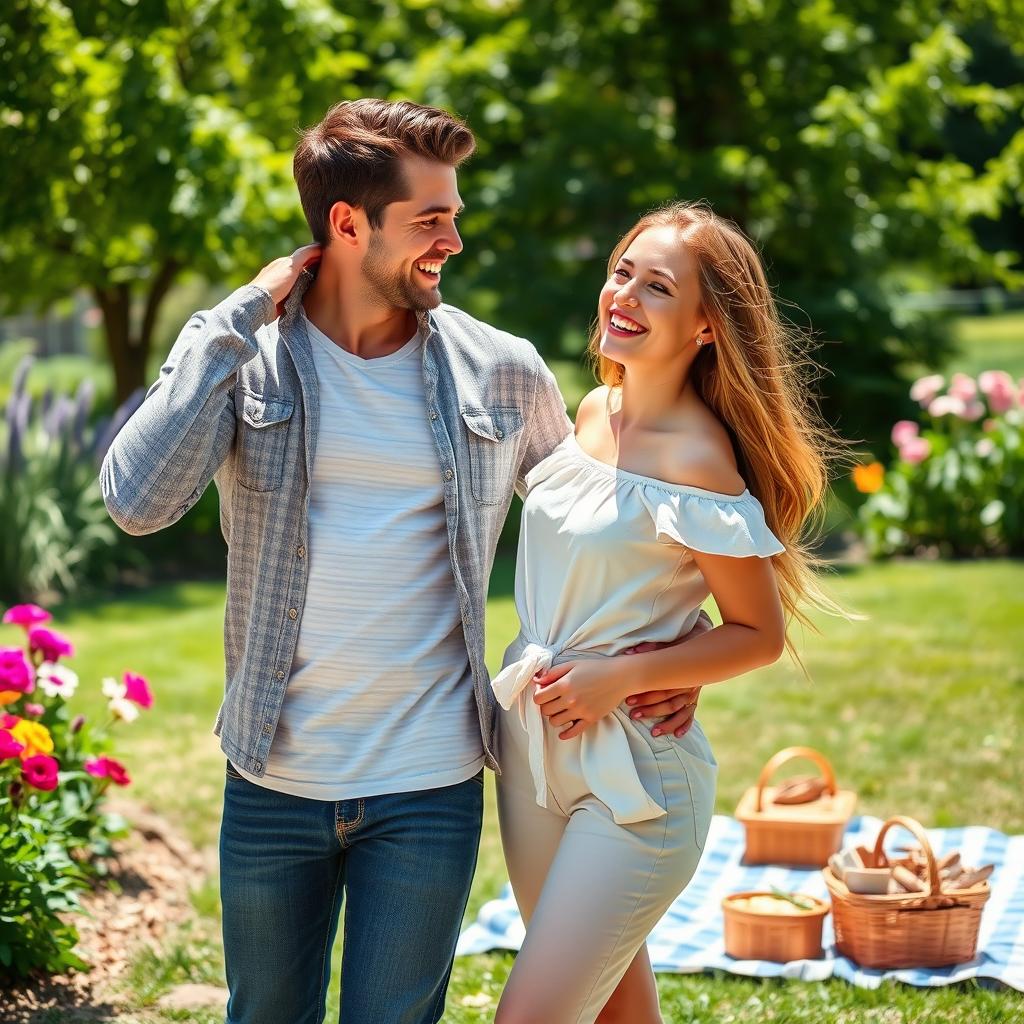 A playful and dynamic scene with a confident man gently grasping a woman's hip in a lively outdoor setting