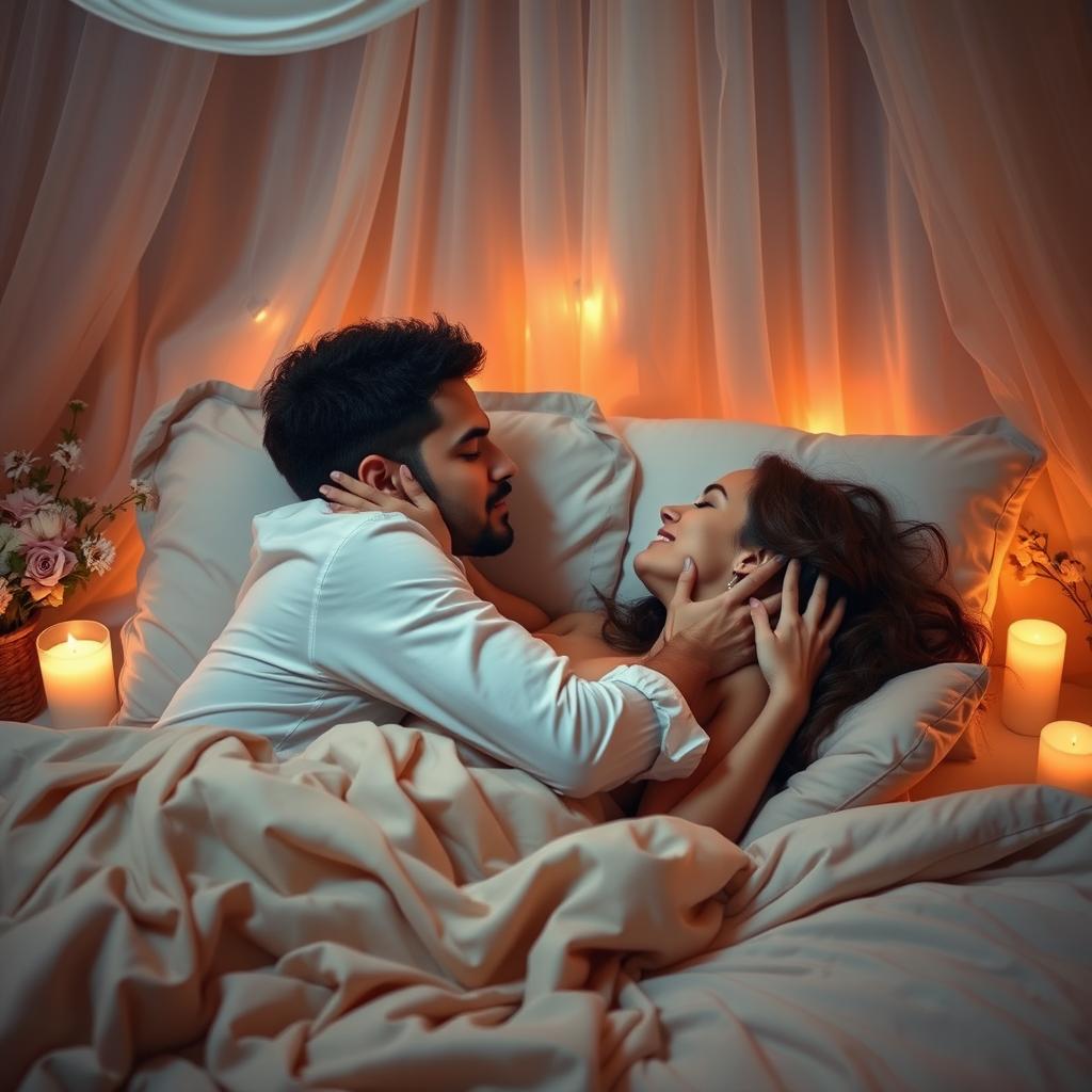 An intimate and romantic scene featuring a passionate couple engaged in an embrace, lying on a cozy bed surrounded by soft pillows and ambient lighting