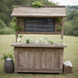 A rustic mojitos stand crafted from weathered wood, filled with locally sourced ingredients. The stand features hand-written signs, vintage accessories, and nestled in a tranquil countryside setting, offering a unique, homemade mojito experience.