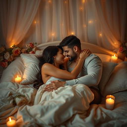 An intimate and romantic scene featuring a passionate couple engaged in an embrace, lying on a cozy bed surrounded by soft pillows and ambient lighting