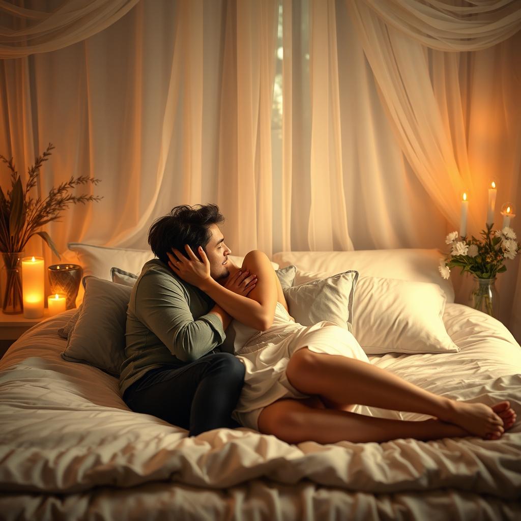 An intimate and romantic scene featuring a passionate couple engaged in an embrace, lying on a cozy bed surrounded by soft pillows and ambient lighting