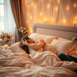 An intimate and romantic scene featuring a passionate couple engaged in an embrace, lying on a cozy bed surrounded by soft pillows and ambient lighting