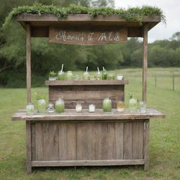 A rustic mojitos stand crafted from weathered wood, filled with locally sourced ingredients. The stand features hand-written signs, vintage accessories, and nestled in a tranquil countryside setting, offering a unique, homemade mojito experience.