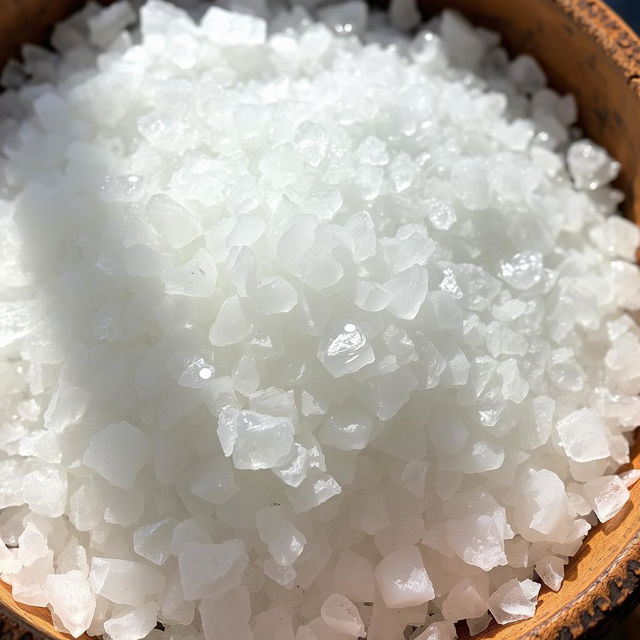 Coarse sea salt crystals glistening under natural light, arranged in an aesthetically pleasing pattern to showcase their varied textures and shimmering surfaces