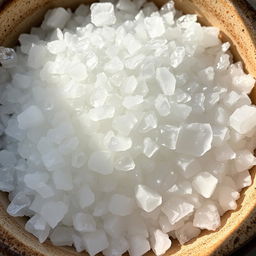 Coarse sea salt crystals glistening under natural light, arranged in an aesthetically pleasing pattern to showcase their varied textures and shimmering surfaces