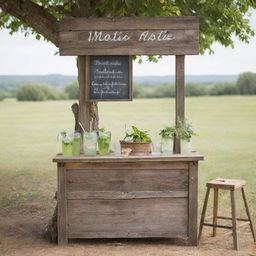 A rustic mojitos stand crafted from weathered wood, filled with locally sourced ingredients. The stand features hand-written signs, vintage accessories, and nestled in a tranquil countryside setting, offering a unique, homemade mojito experience.