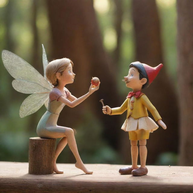 A graceful fairy breathing life into a wooden Pinocchio, in a scene that radiates warmth and magic.