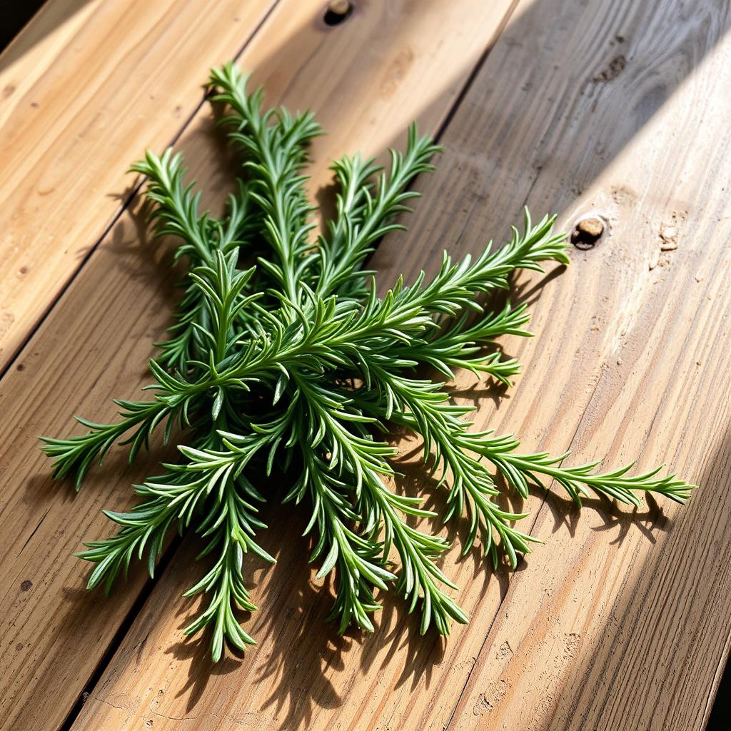 Fresh sprigs of rosemary laid across a rustic wooden table, their vibrant green needles contrasting beautifully with the aged wood surface