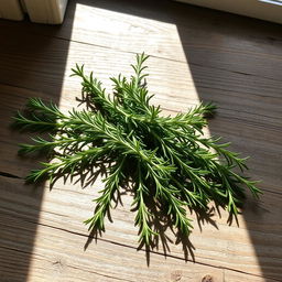 Fresh sprigs of rosemary laid across a rustic wooden table, their vibrant green needles contrasting beautifully with the aged wood surface