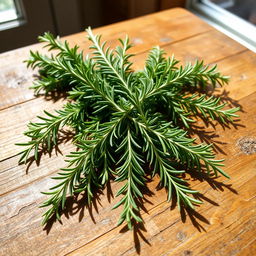 Fresh sprigs of rosemary laid across a rustic wooden table, their vibrant green needles contrasting beautifully with the aged wood surface