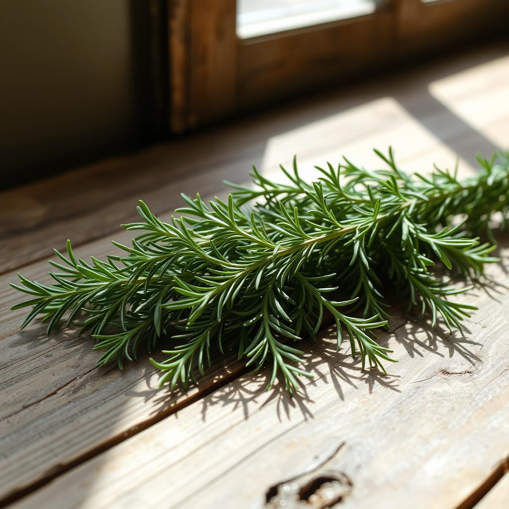 Fresh sprigs of rosemary laid across a rustic wooden table, their vibrant green needles contrasting beautifully with the aged wood surface