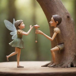 A graceful fairy breathing life into a wooden Pinocchio, in a scene that radiates warmth and magic.