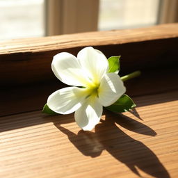 A beautiful, delicate manzanilla flower elegantly placed on a wooden table