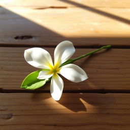 A beautiful, delicate manzanilla flower elegantly placed on a wooden table