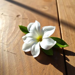 A beautiful, delicate manzanilla flower elegantly placed on a wooden table