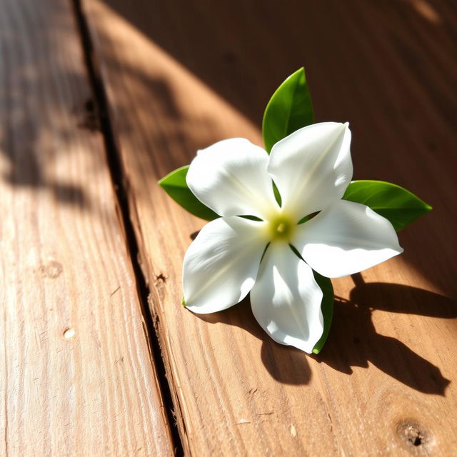 A beautiful, delicate manzanilla flower elegantly placed on a wooden table