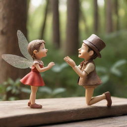 A graceful fairy breathing life into a wooden Pinocchio, in a scene that radiates warmth and magic.