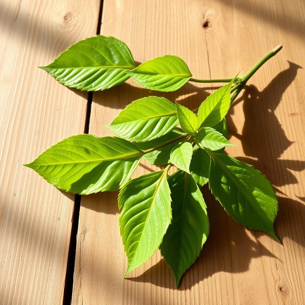 Green manzanilla leaves elegantly placed on a rustic wooden table